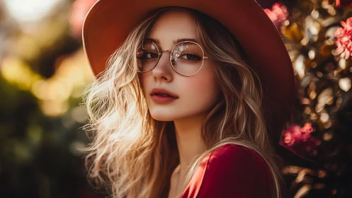 Portrait depicts woman in hat and glasses in shallow focus