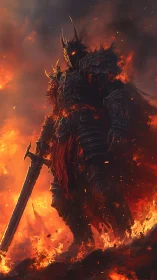 Armored fire demon warrior standing in blazing inferno.