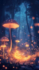 Illuminated fungi line a forest path under diffuse blue light