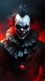 Sinister clown portrait framed by raging crimson fire.