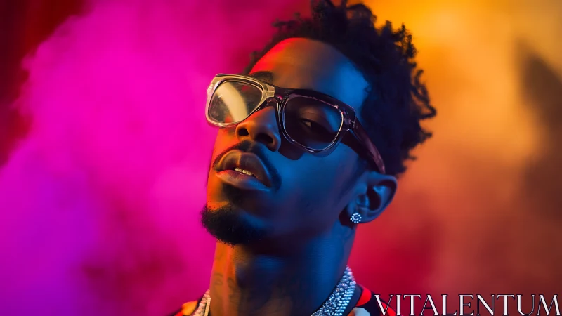 Portrait of stylish man under neon gradient studio lighting.