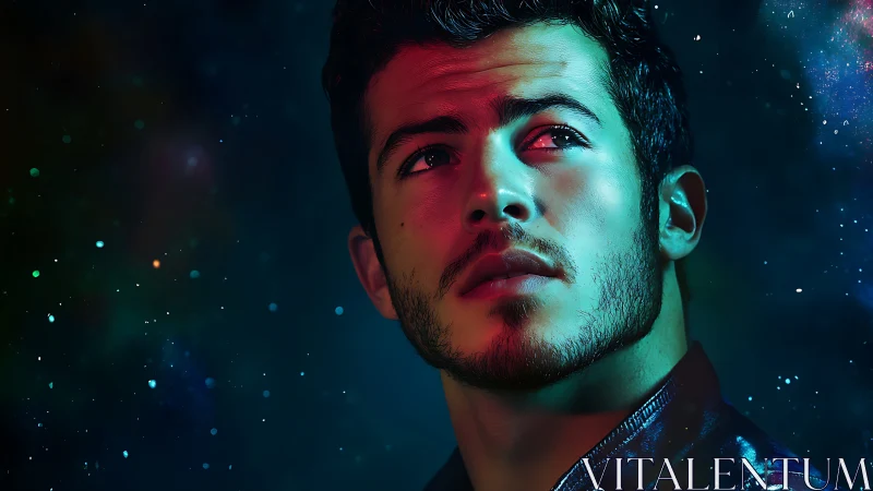 Male portrait with colored lighting against star-like backdrop.