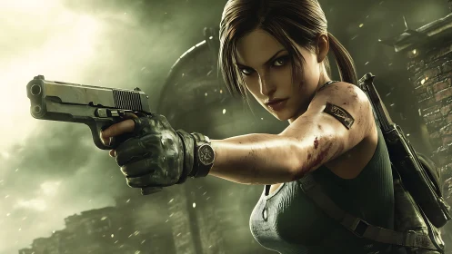 3D action portrait of armed heroine in tense close-quarter standoff.