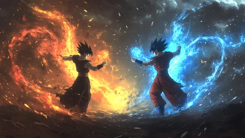 Elemental duel of mirrored warriors in turbulent energy vortex.