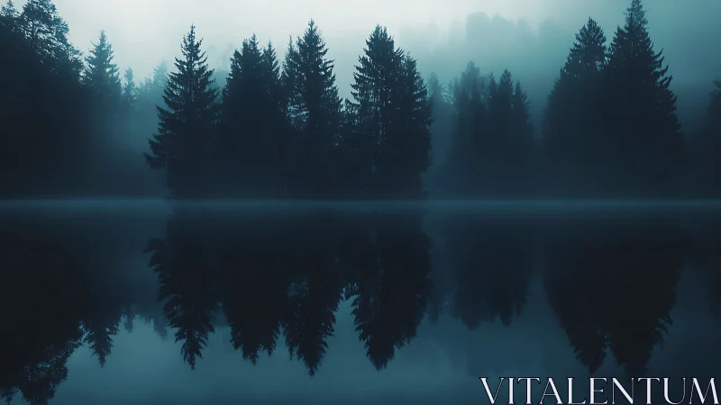 Misty forest shoreline reflected softly in midnight blue water.
