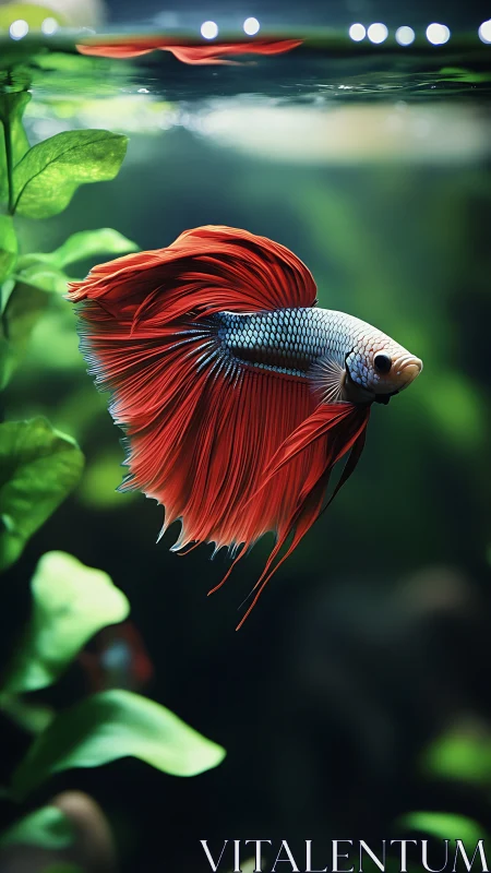 Red betta fish swimming in planted freshwater aquarium tank.