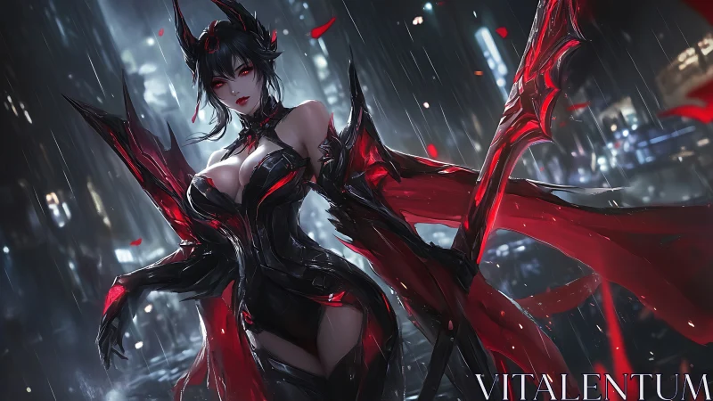 Dark armored demoness dominates neon rain cityscape