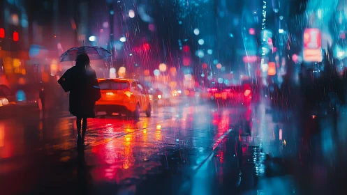Silhouetted person walks under umbrella on neon city street