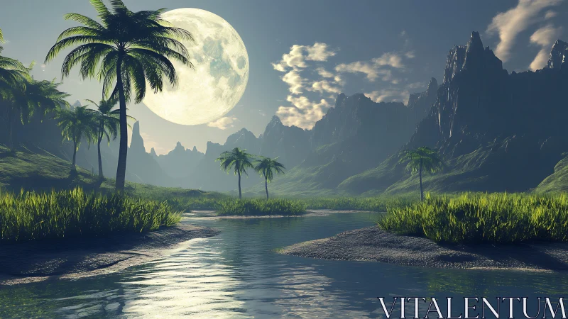 Fantasy Landscape with Full Moon, River, and Mountain Peaks