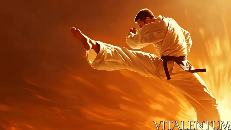 Dynamic martial arts side kick in blazing motion field.
