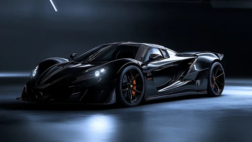 Black hypercar in studio light with reflective bodywork.