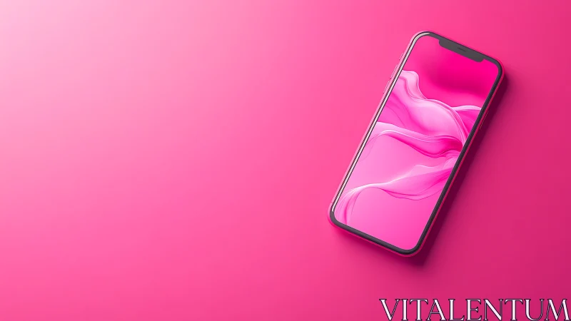 Modern smartphone displaying fluid gradient wallpaper on monochromatic pink background.