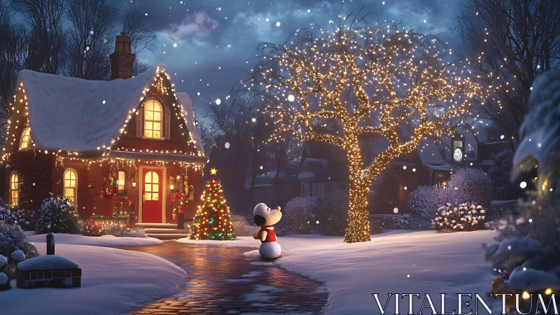 Snow-covered cottage with lights and snowman at night.