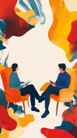 Two seated figures in discussion amid abstract color fields.