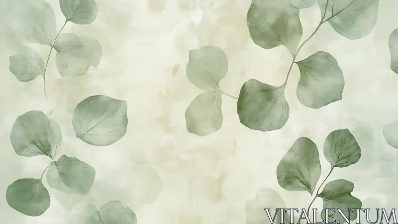 Soft eucalyptus leaves float over misty watercolor field.