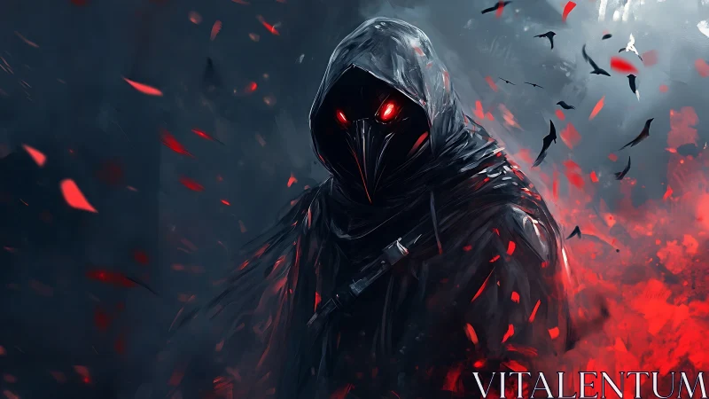 Hooded plague doctor stands in red embers and rising smoke