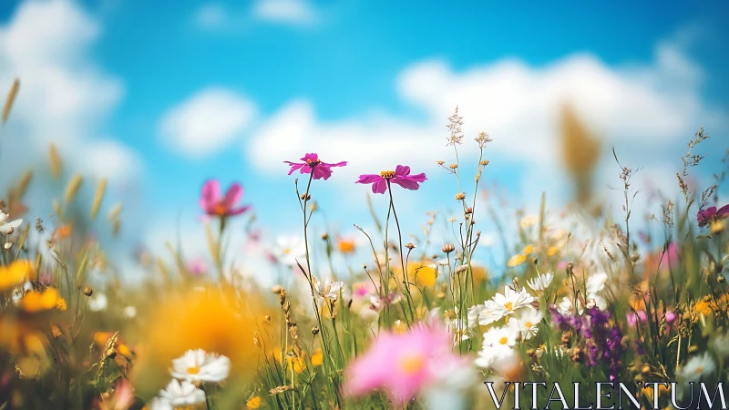 Wildflower meadow with vibrant blooms beneath clear blue sky.