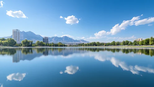 City skyline reflects on calm lake before distant mountain range