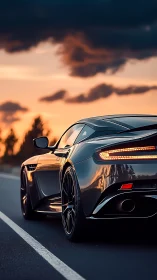 Sunset highway supercar with reflective metallic bodywork.