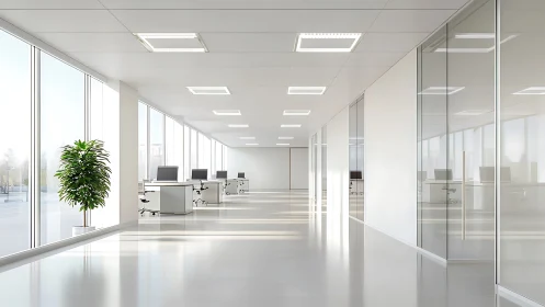 Sunlit minimalist office corridor with glass-partitioned workspaces.