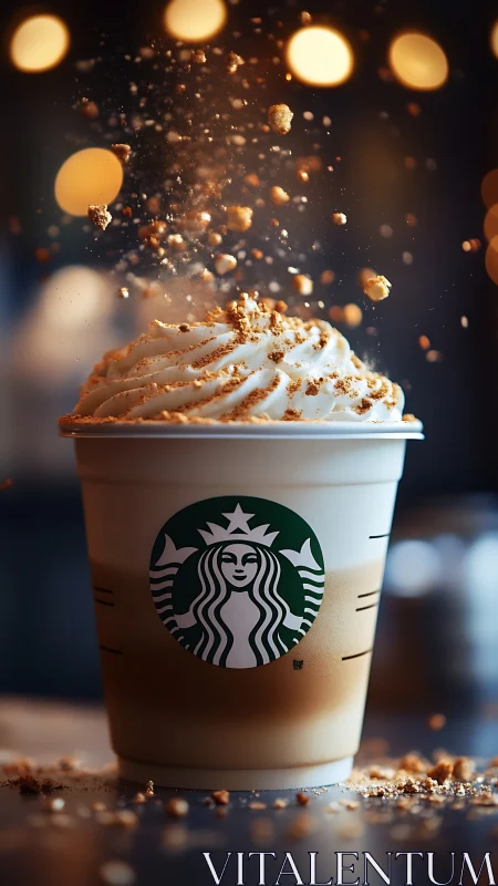 Dynamic latte macro with airborne crumb particulates in bokeh field.