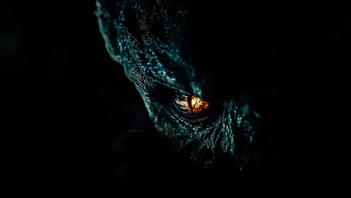 Close view of reptilian eye in low key digital rendering.