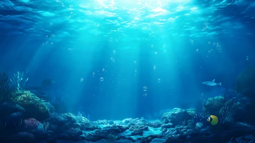 Sunlit underwater seafloor with coral, fish and bubbles.
