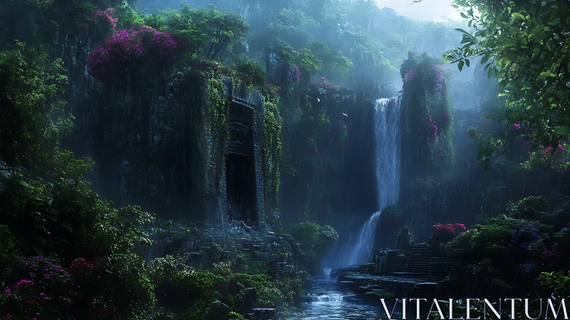 Digital jungle waterfall with overgrown stone ruins in rain