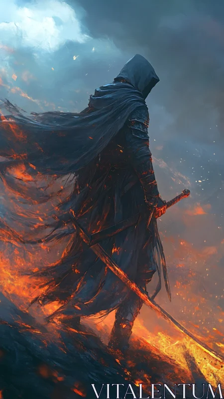 Cloaked ember-walker strides through a storm of burning dusk