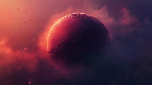 Cricket ball glows in dramatic sunset misty clouds.