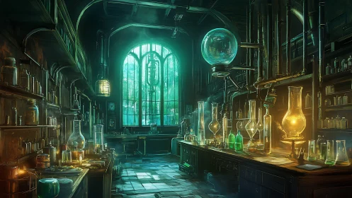 Mystic alchemy laboratory glows under emerald window light.