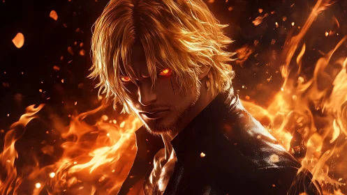 Fiery anime warrior stands defiant amid swirling flames