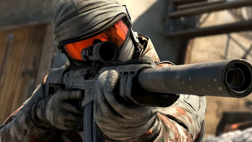 Tactical soldier aiming rifle with scope and suppressor.