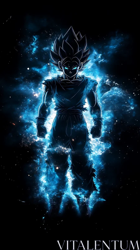 Blue energy anime warrior in glowing cosmic aura.