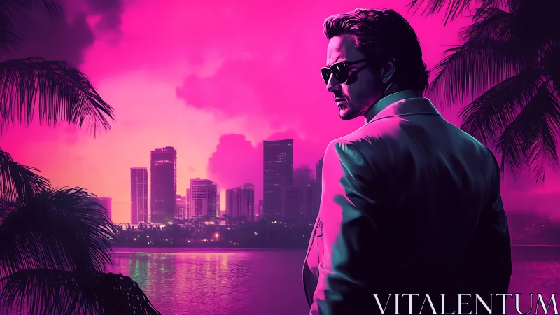 Man in white suit overlooks neon pink city skyline at dusk