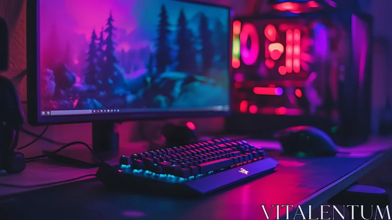 RGB gaming PC desk setup with monitor and keyboard.