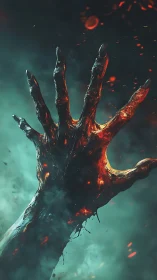 Molten claw stretches upward through swirling ember-lit mist