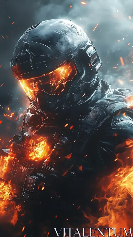 Armored sci fi soldier strides through searing battlefield flames