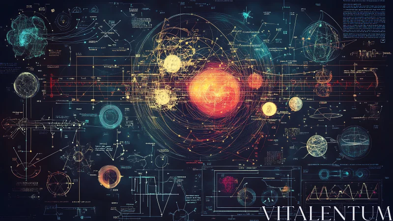 Cosmic chalkboard of orbits, data, and glowing star maps.