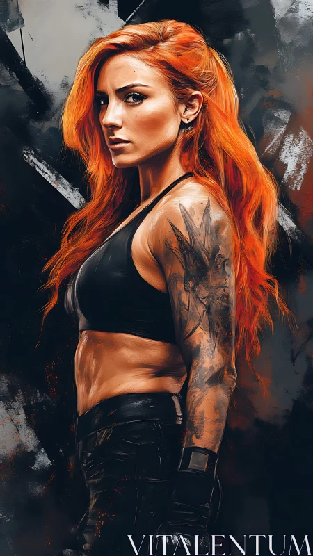 Fiery-haired warrior stands defiant in bold digital portrait.