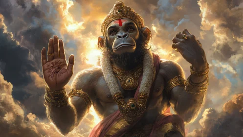 Radiant Hanuman deity emerges powerfully from stormy clouds