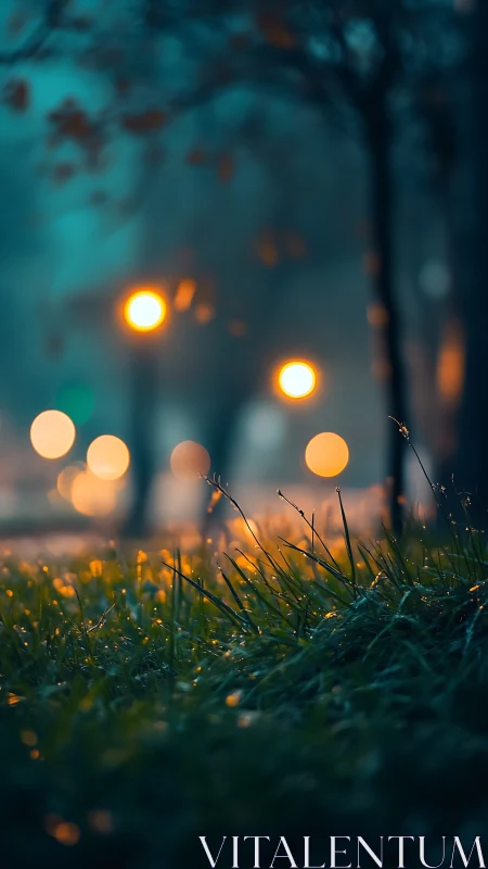 Dewlit grass under misty streetlights in teal dusk glow.