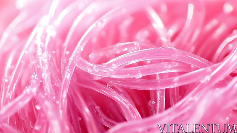 Macro optical study of translucent pink filament strands.