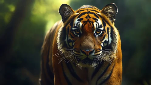 Gentle forest tiger meeting your gaze in soft golden light.