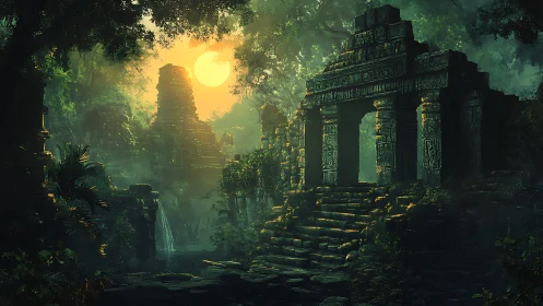 Sun-drenched jungle ruins cradle a forgotten stone gate.