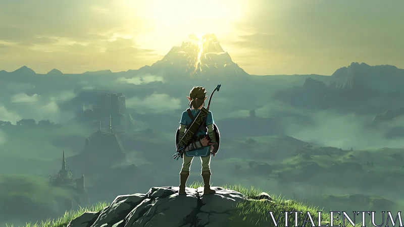 Game character observing expansive fantasy valley landscape.