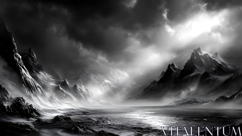 Stormlit monochrome mountains rise over a frozen desolate valley