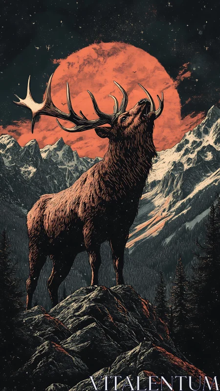 Majestic stag howls beneath blood moon over alpine peaks.