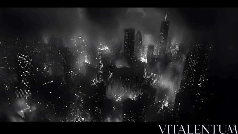 Noir skyscraper skyline glows through dense urban fog at night