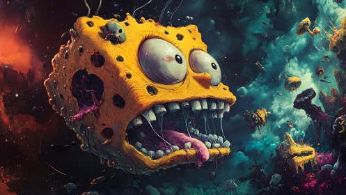 Mutated sponge-like cartoon head floats in fragmented space